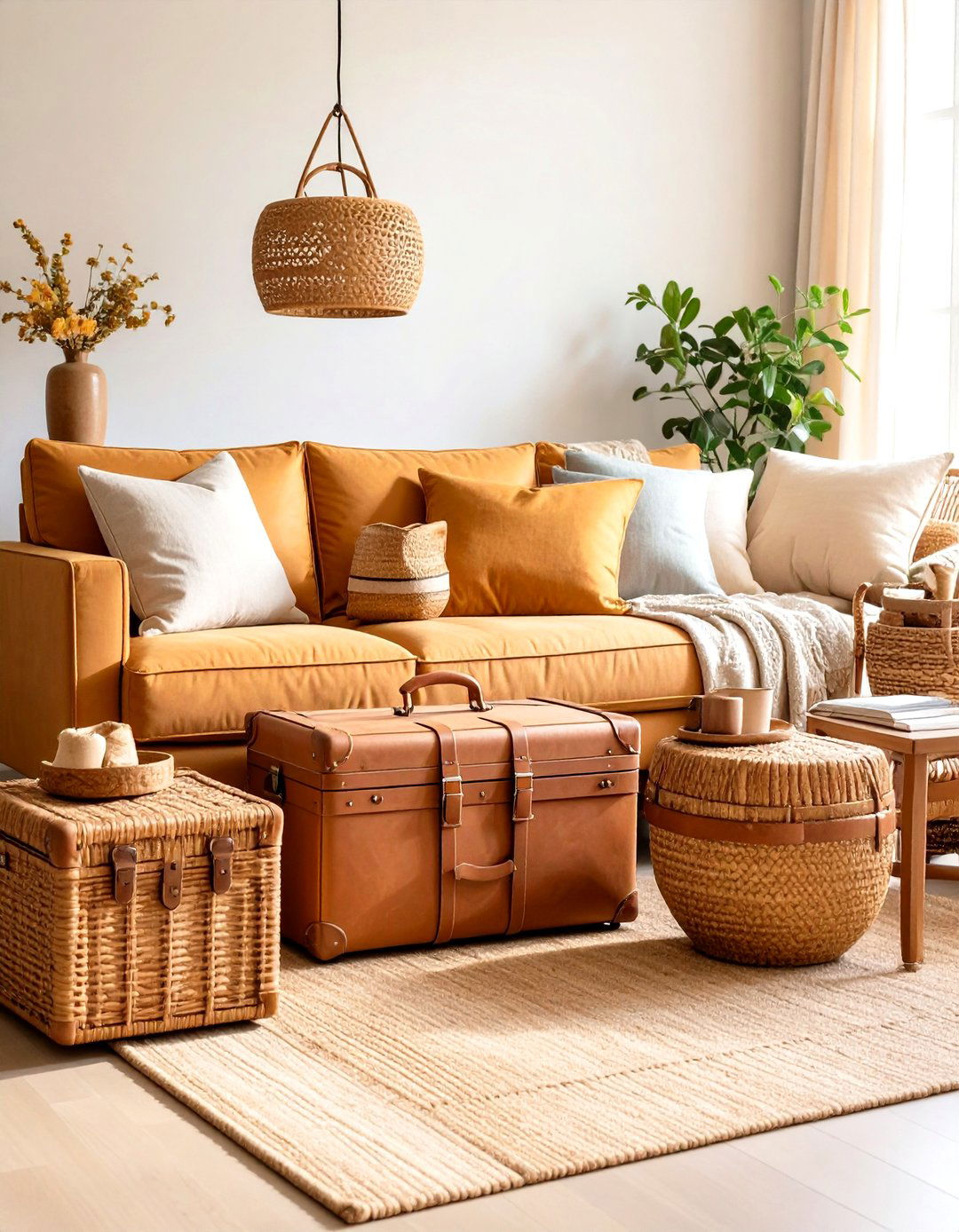 Wicker Storage Keeps a Hamptons Living Room Clutter Free - 20 Hamptons Living Room Ideas