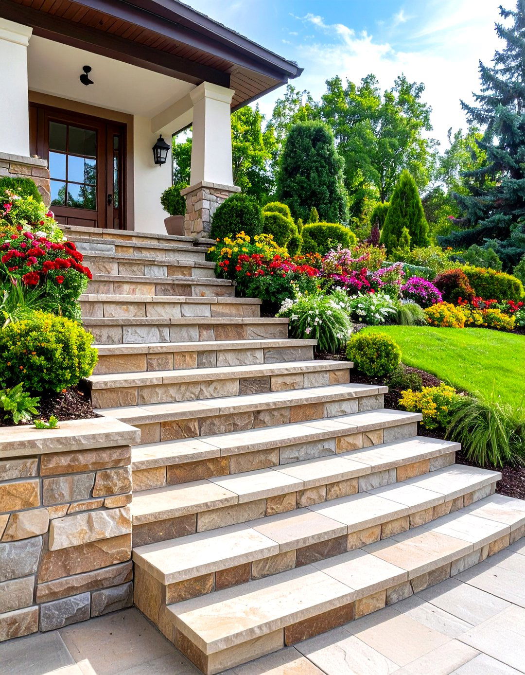 Wide Cascading Patio Steps with Stone Veneer - 20 Patio Steps Ideas