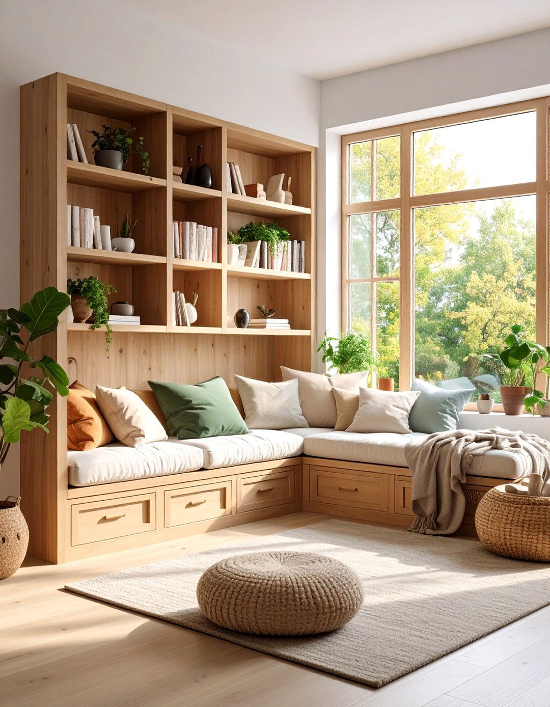 Window Seat Living Room Bookshelf Integration - 20 Living Room Bookshelf Ideas