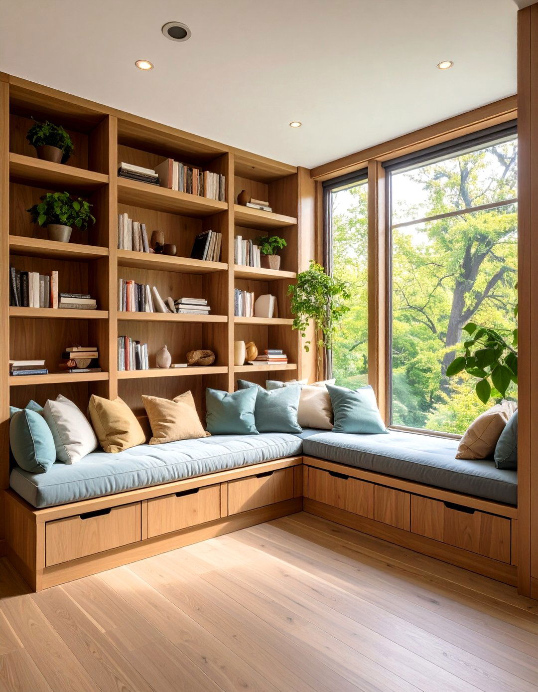 Window Seat Shelving Wraps Daylight with Books - 20 Bedroom Shelving Ideas