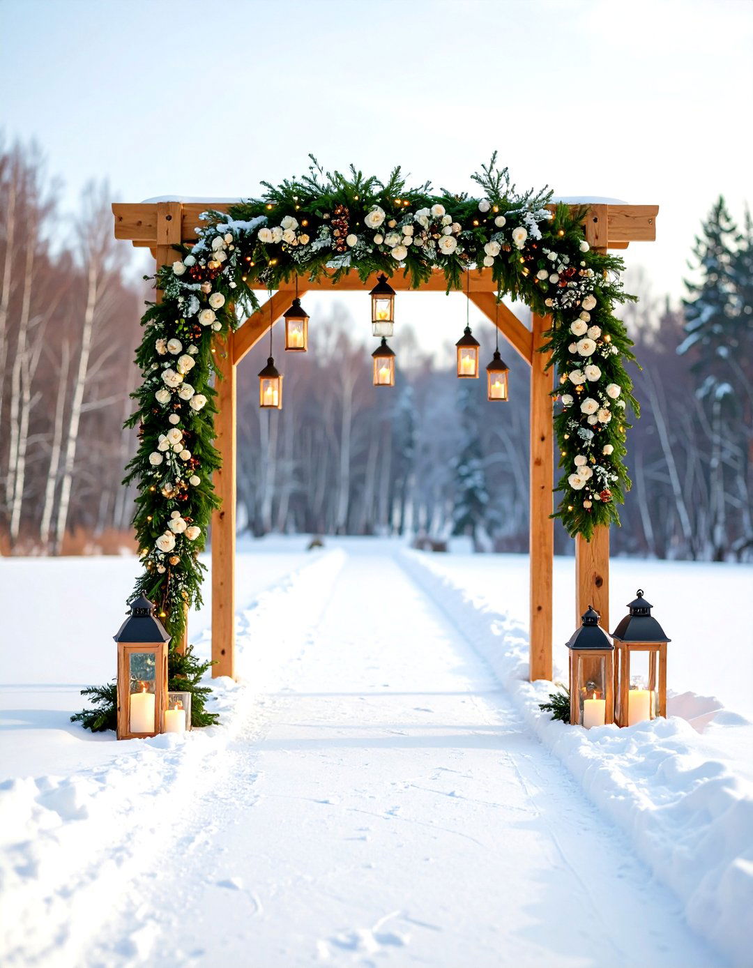 Winter Wedding Evergreen Lantern Ceremony Arch - 20 Winter Wedding Ideas