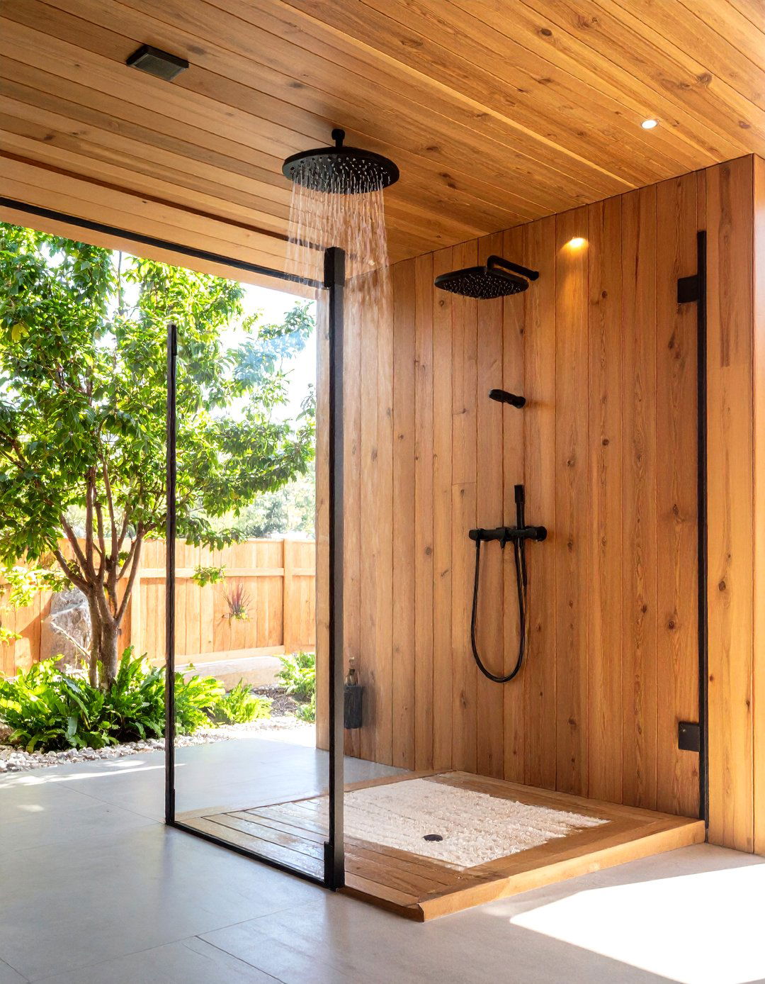 Wood Accented Double Shower for Spa Warmth - 20 Double Shower Ideas
