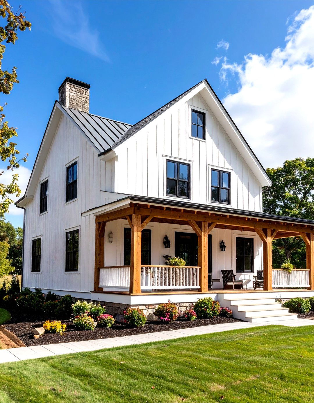 Wood Beam Accent White Farmhouse With Black Windows Style - 20 White Farmhouse With Black Windows Ideas