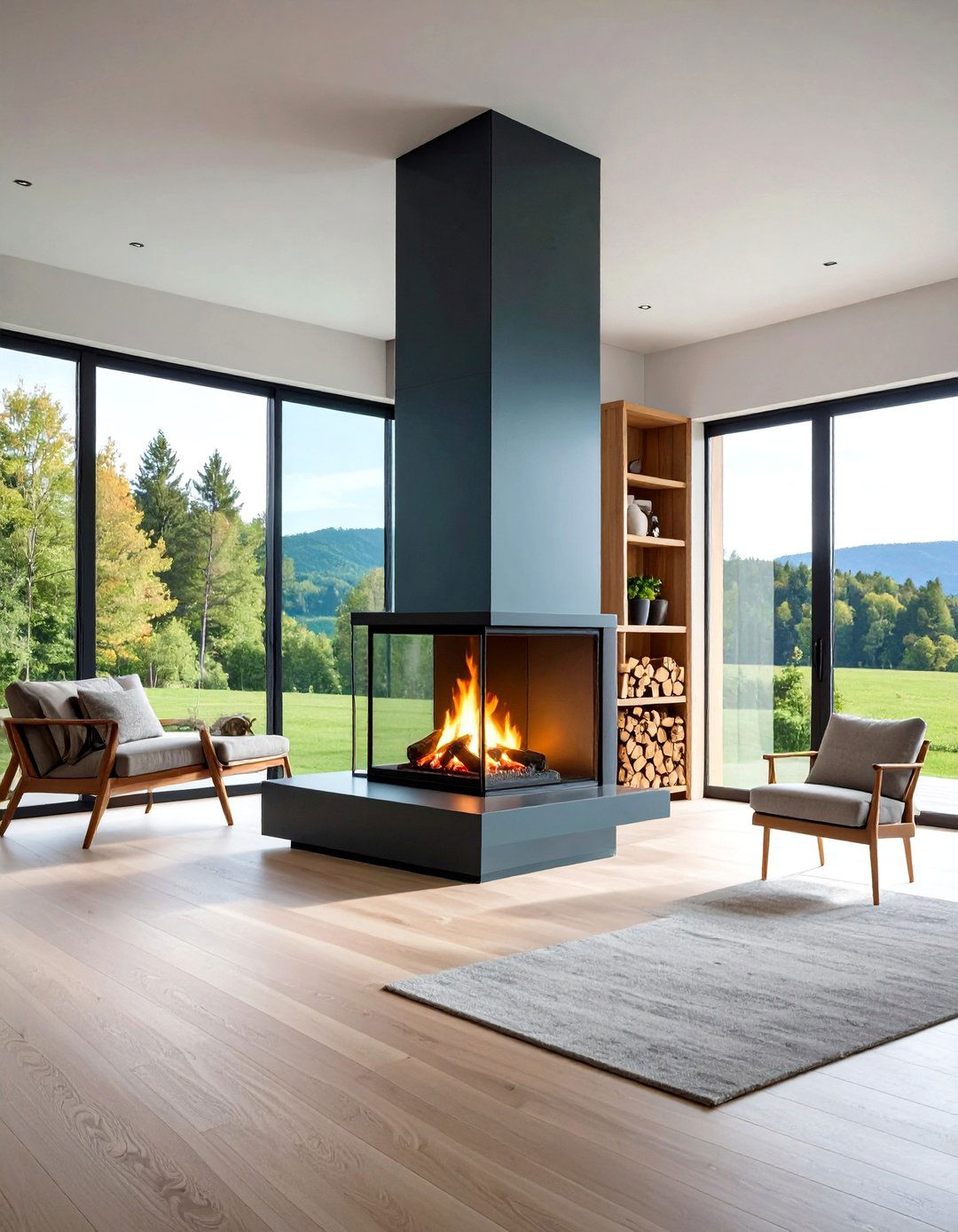 Wood Burning Three Sided Fireplace with Scandinavian Design - 20 3 Sided Fireplace Ideas