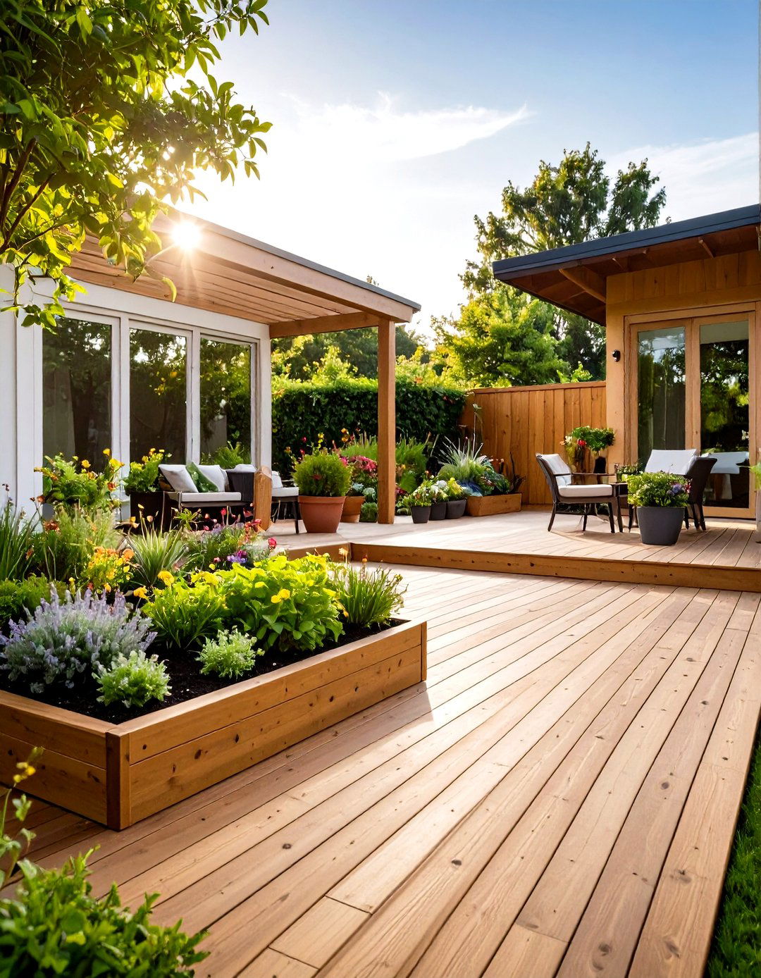 Wood Deck with Built In Planters for Garden Integration - 20 Wood Deck Ideas