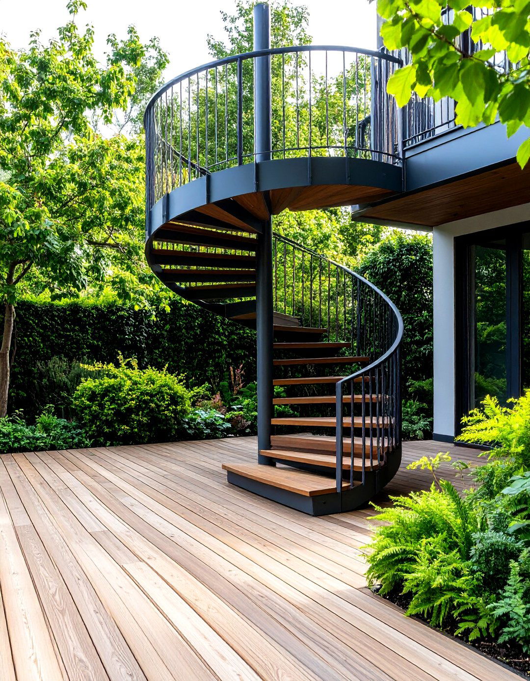 Wood Deck with Spiral Stairs for Space Efficient Access - 20 Wood Deck Ideas
