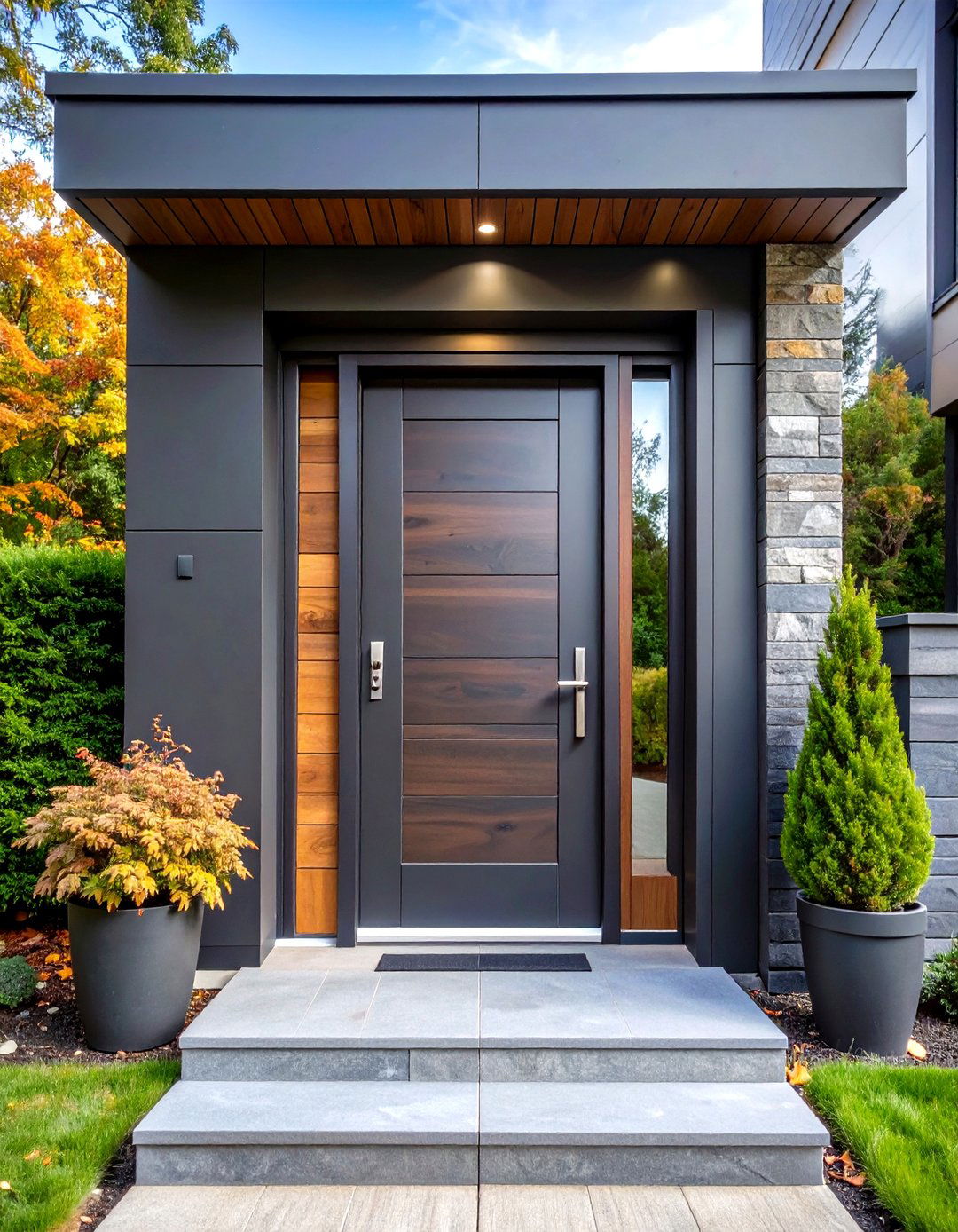 Wood Grain Overlay Warmth - 20 Dark Gray Front Door Ideas