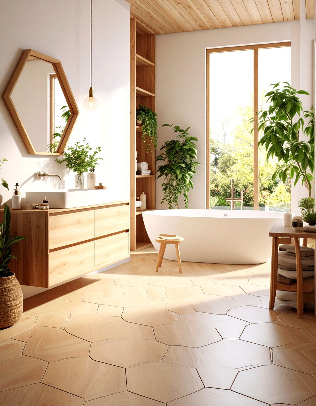 Wood Look Hexagon Tiles for Warm Sophistication - 20 Hexagon Tiles Ideas for Bathrooms