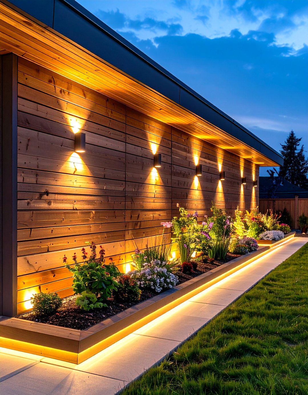 Wood Retaining Wall with Built in Lighting