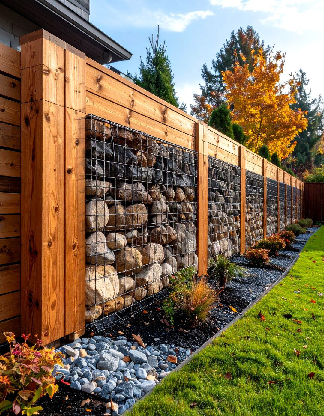 Wood Retaining Wall with Gabion Combination - 20 Wood Retaining Wall Ideas
