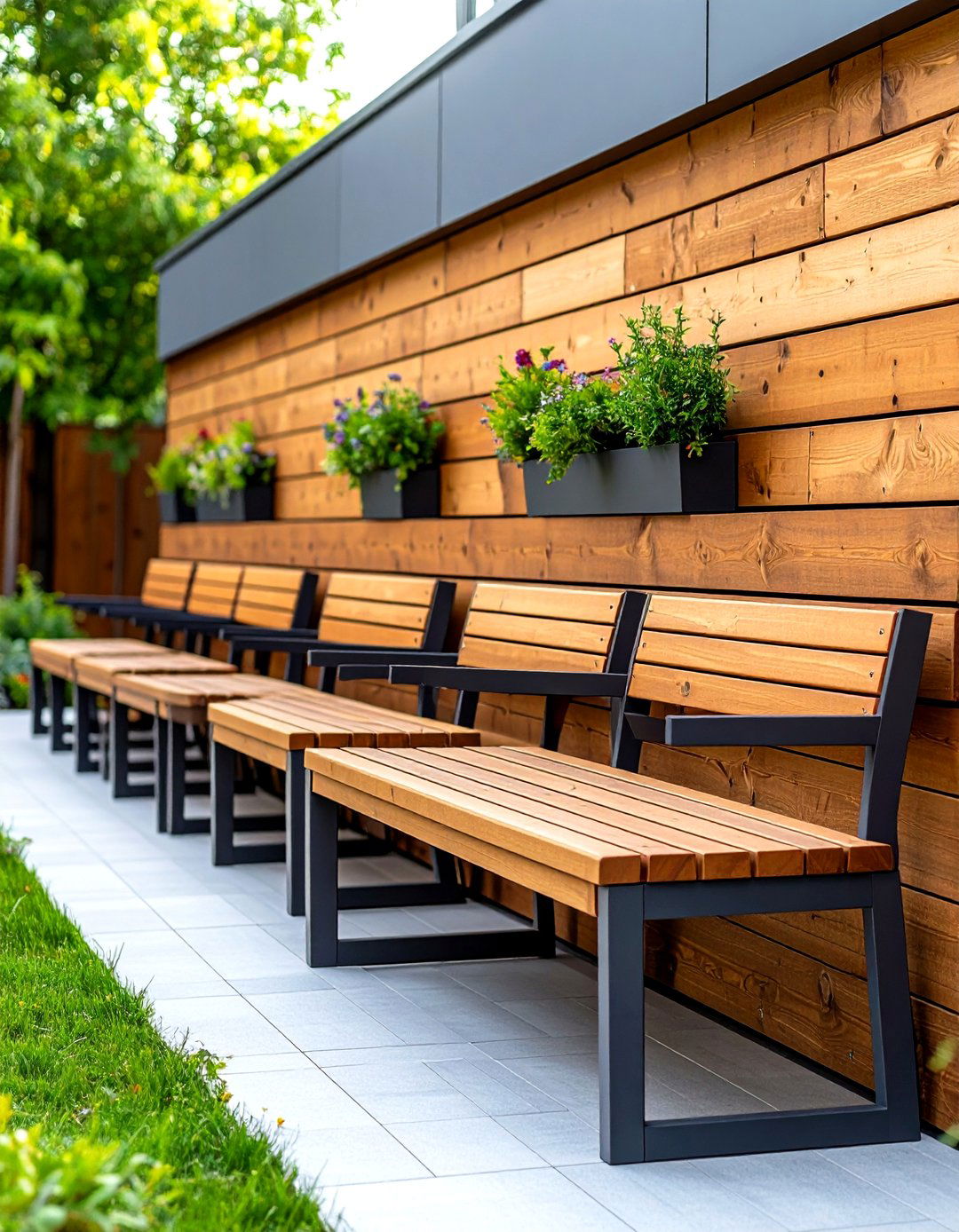 Wood Retaining Wall with Integrated Seating - 20 Wood Retaining Wall Ideas