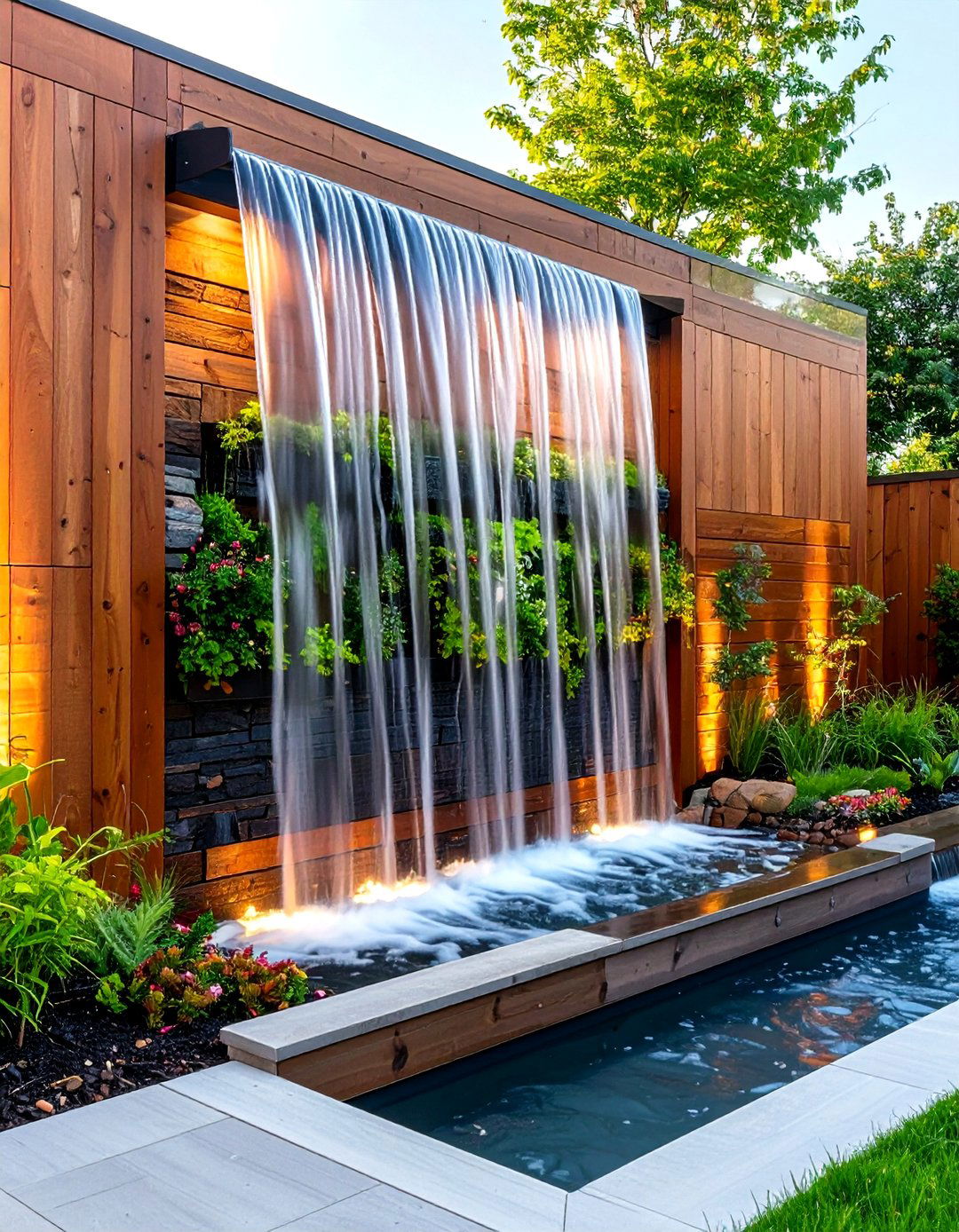 Wood Retaining Wall with Water Feature Integration - 20 Wood Retaining Wall Ideas