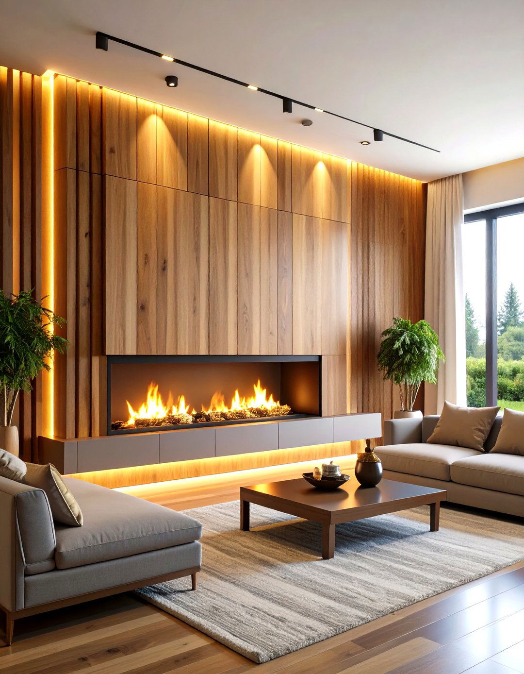 Wood Slat Accent Fireplace Wall - 20 Two-story Fireplace Ideas