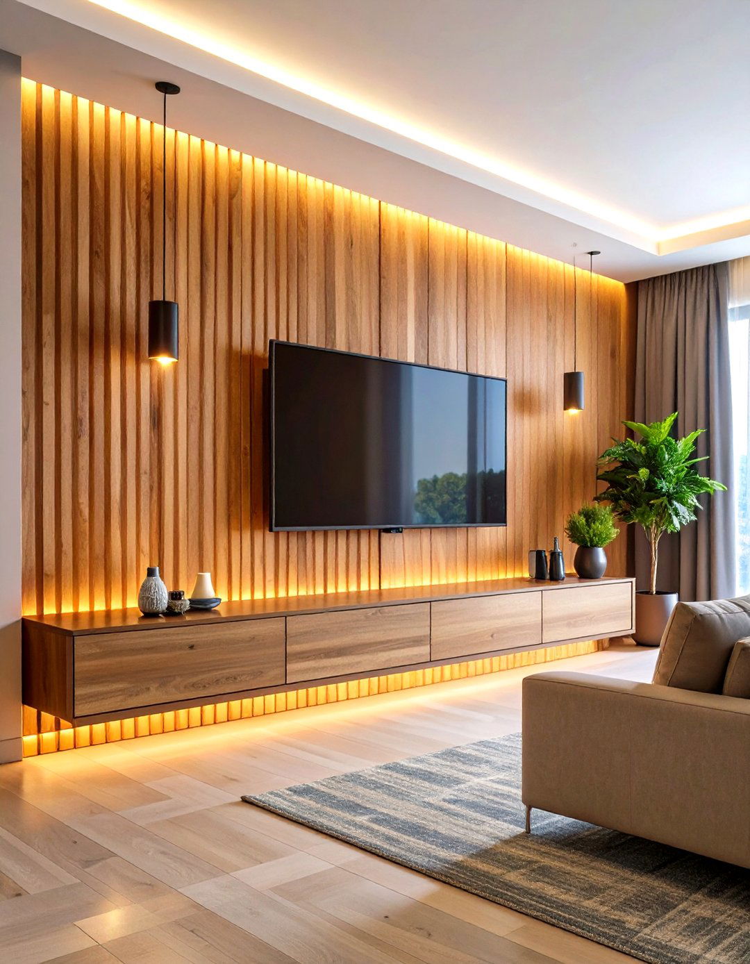 Wood Slat Accent Wall Behind TV - 20 Wood Slat Accent Wall Ideas