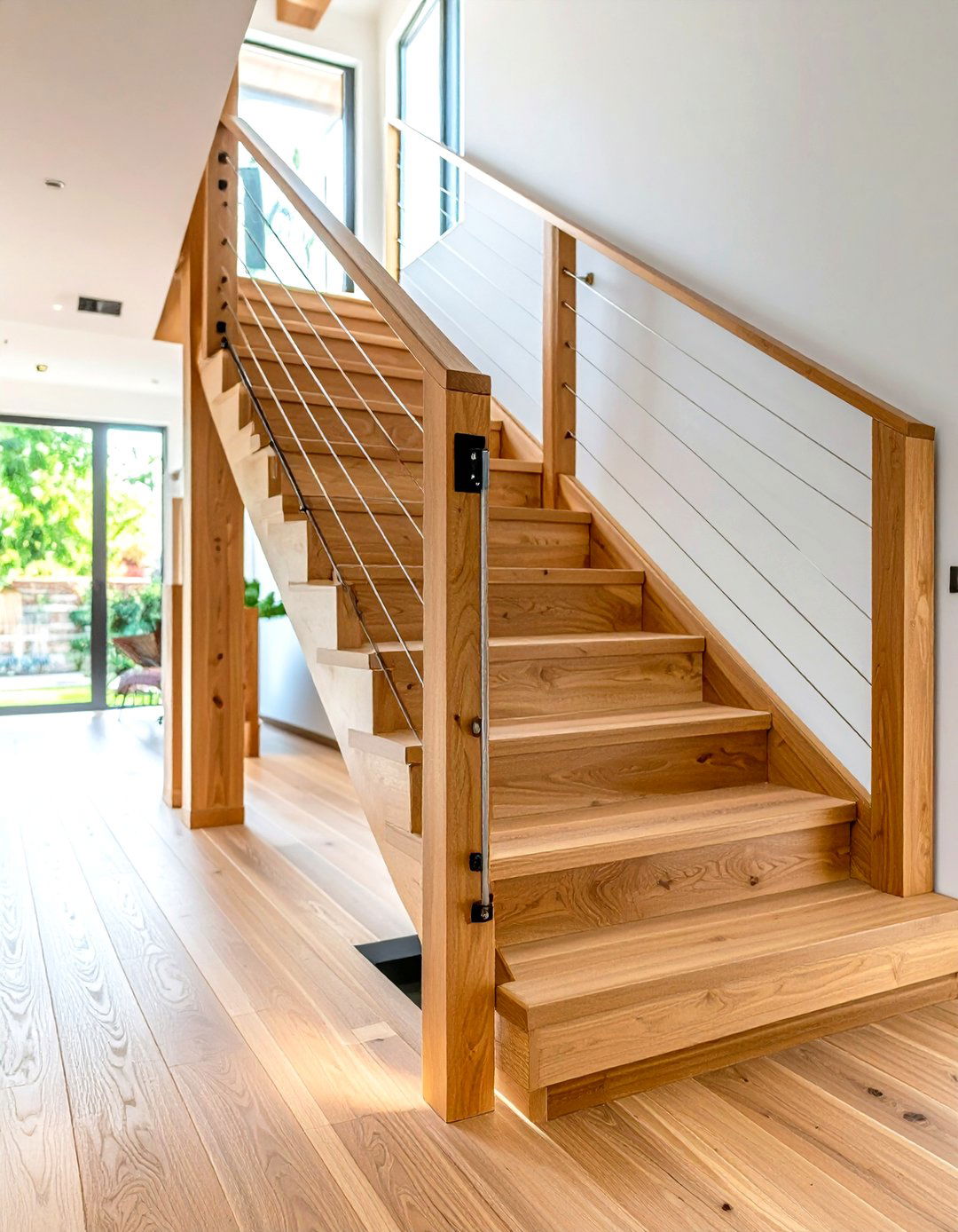 Wood Stair Railing with Cable Infill - 20 Wood Stair Railing Ideas