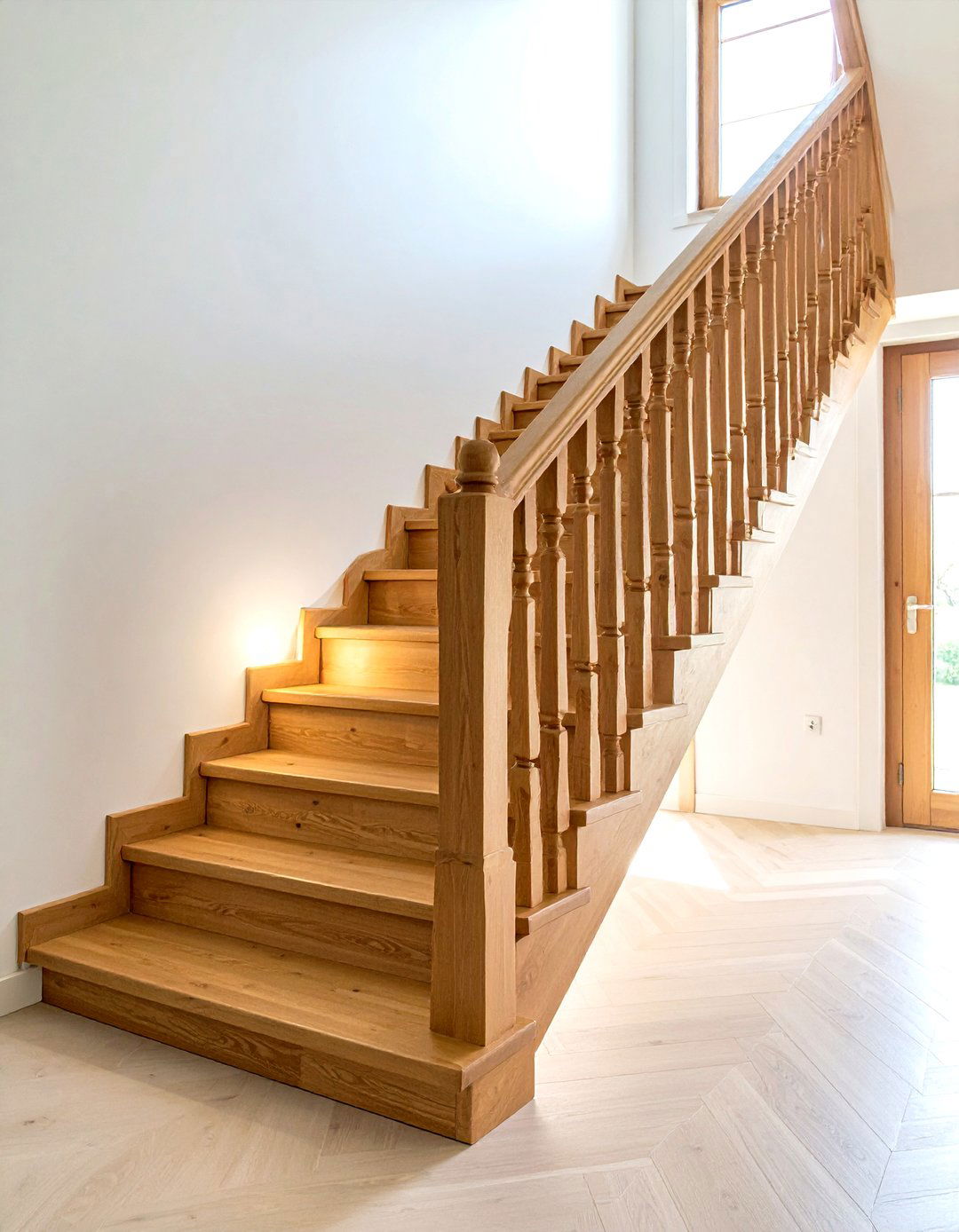 Wood Stair Railing with Geometric Cutouts - 20 Wood Stair Railing Ideas