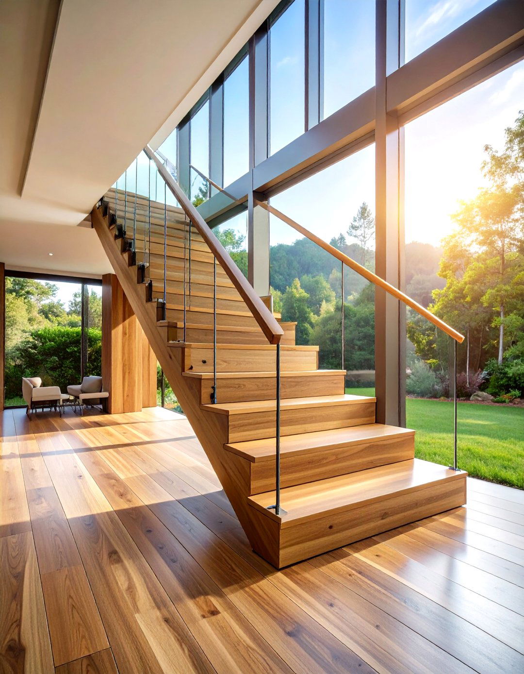 Wood Stair Railing with Glass Panel Inserts - 20 Wood Stair Railing Ideas