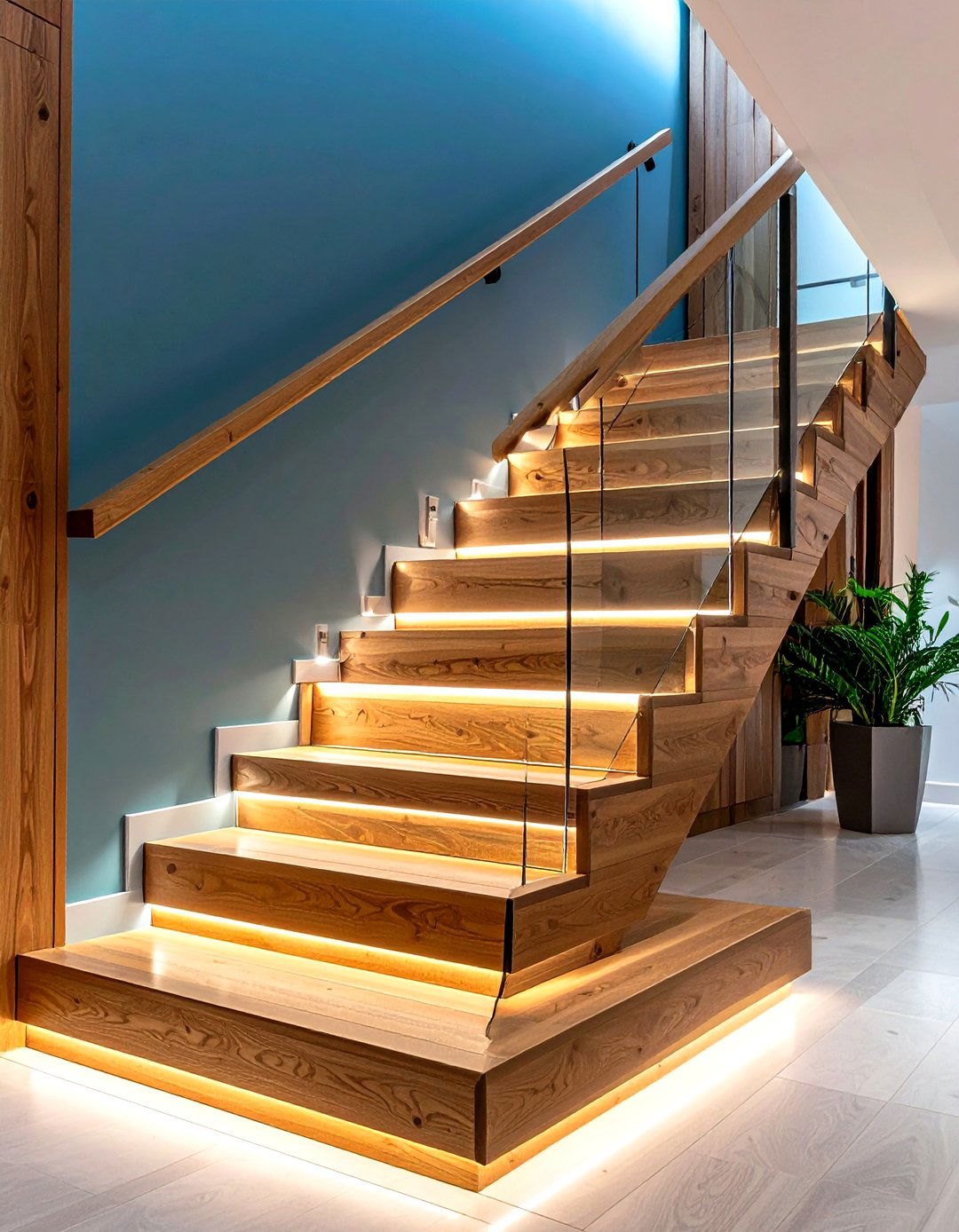 Wood Stair Railing with Integrated LED Lighting - 20 Wood Stair Railing Ideas