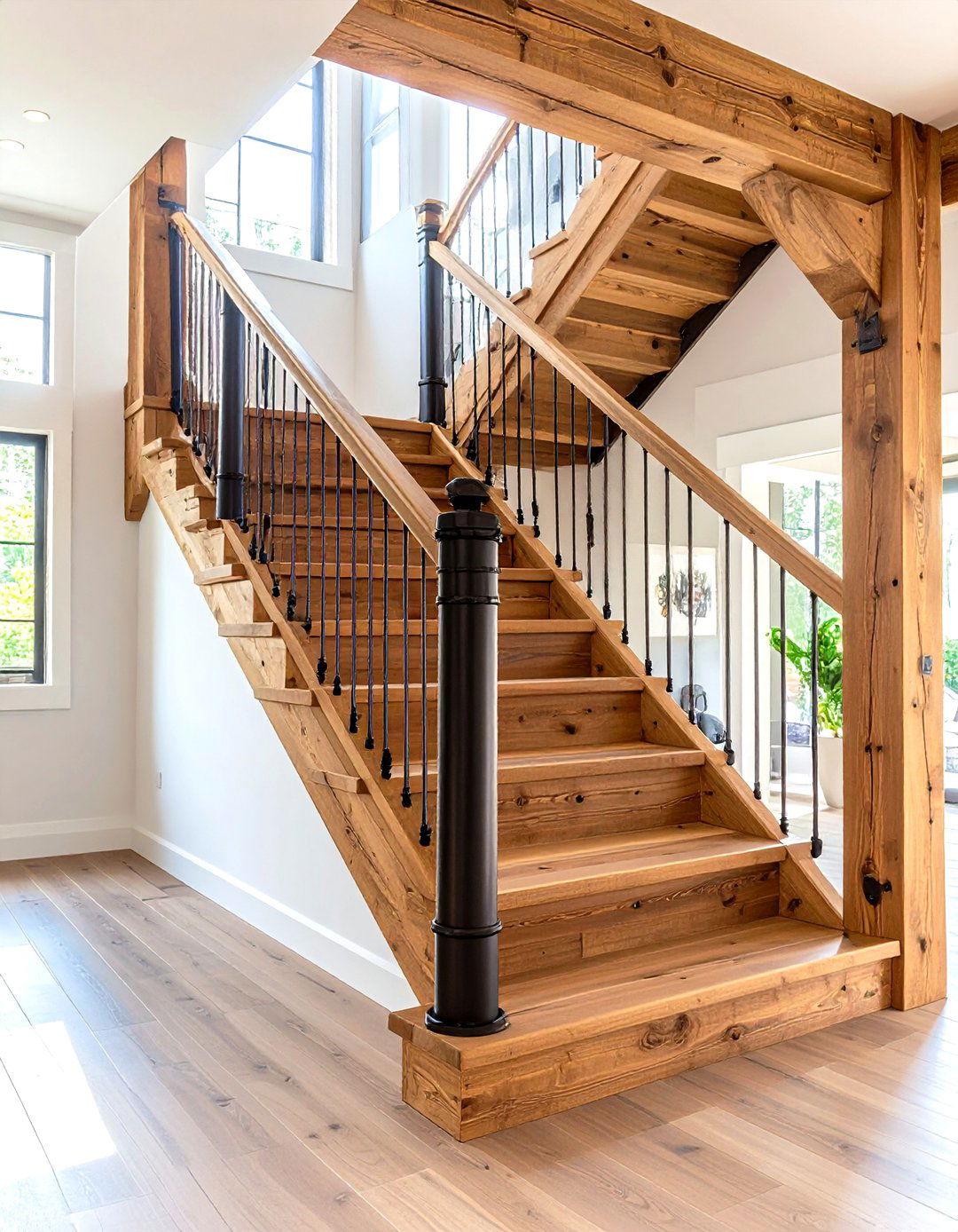 Wood Stair Railing with Metal Pipe Balusters - 20 Wood Stair Railing Ideas