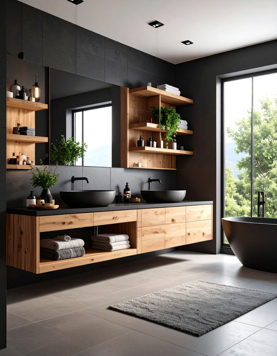 Wood Trimmed Black Tile Bathroom Warmth - 20 Black Tile Bathroom Ideas