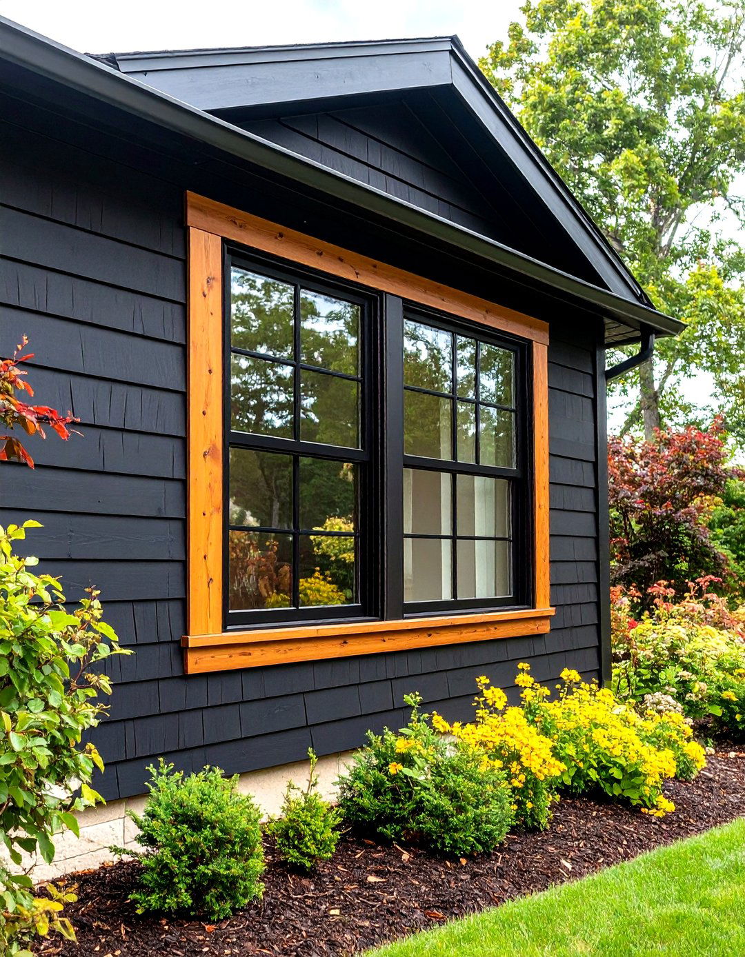 Wood Wrapped Window Trim Against Black Walls