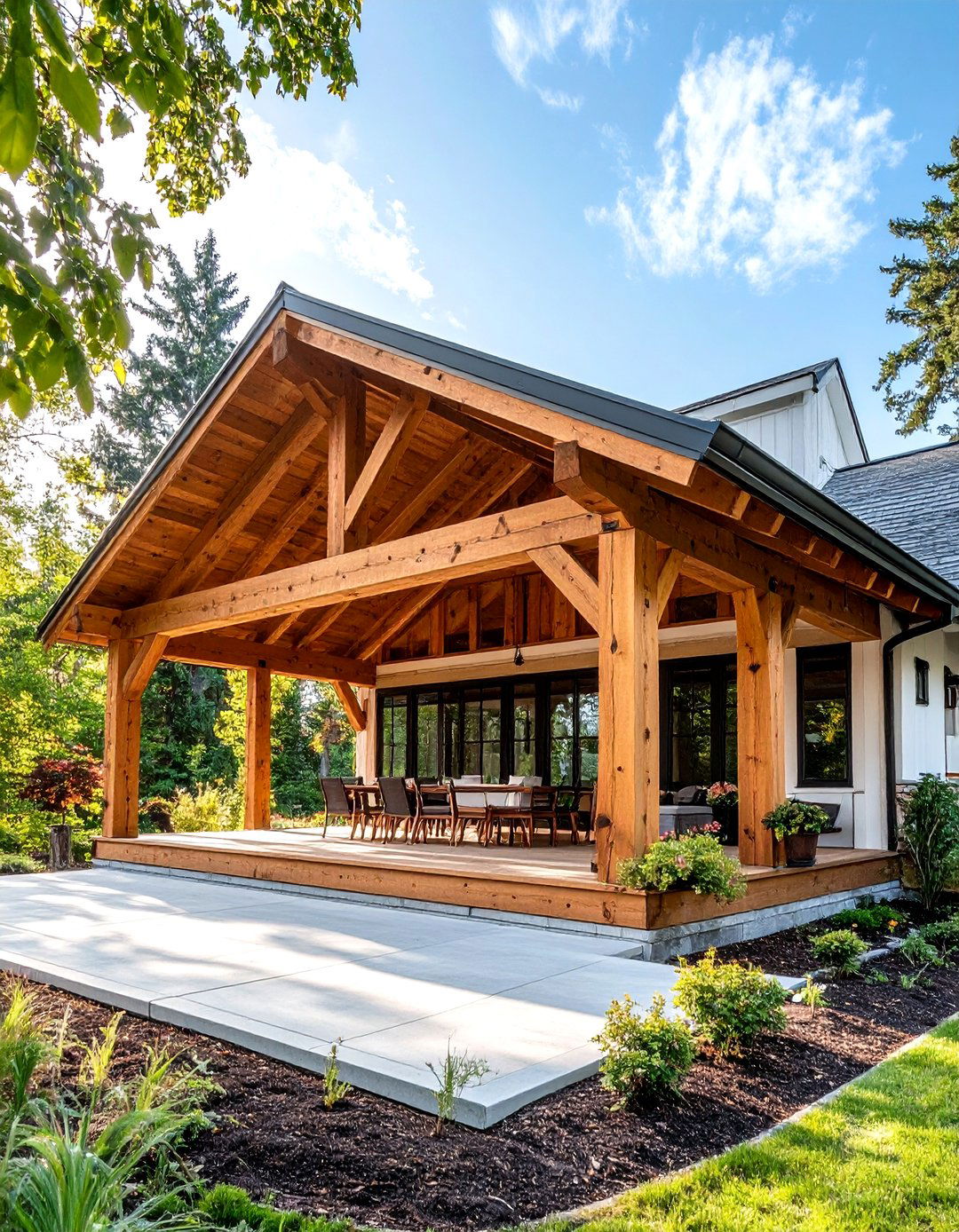 Wooden Beam Car Porch Design with Natural Finish - 20 Car Porch Design Ideas