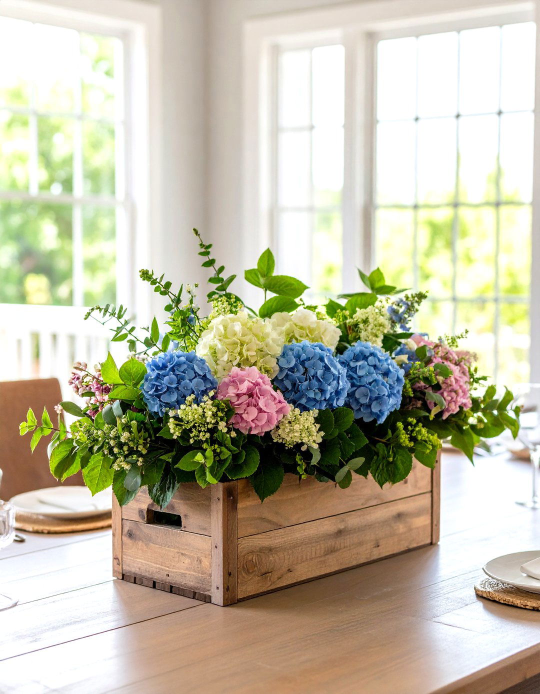 Wooden Box Hydrangea Centerpiece with Mixed Colors - 20 Hydrangea Centerpiece Ideas