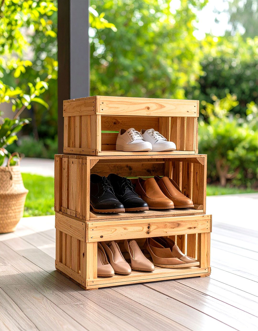 Wooden Crate Stackable Outdoor Shoe Storage - 20 Outdoor Shoe Storage Ideas