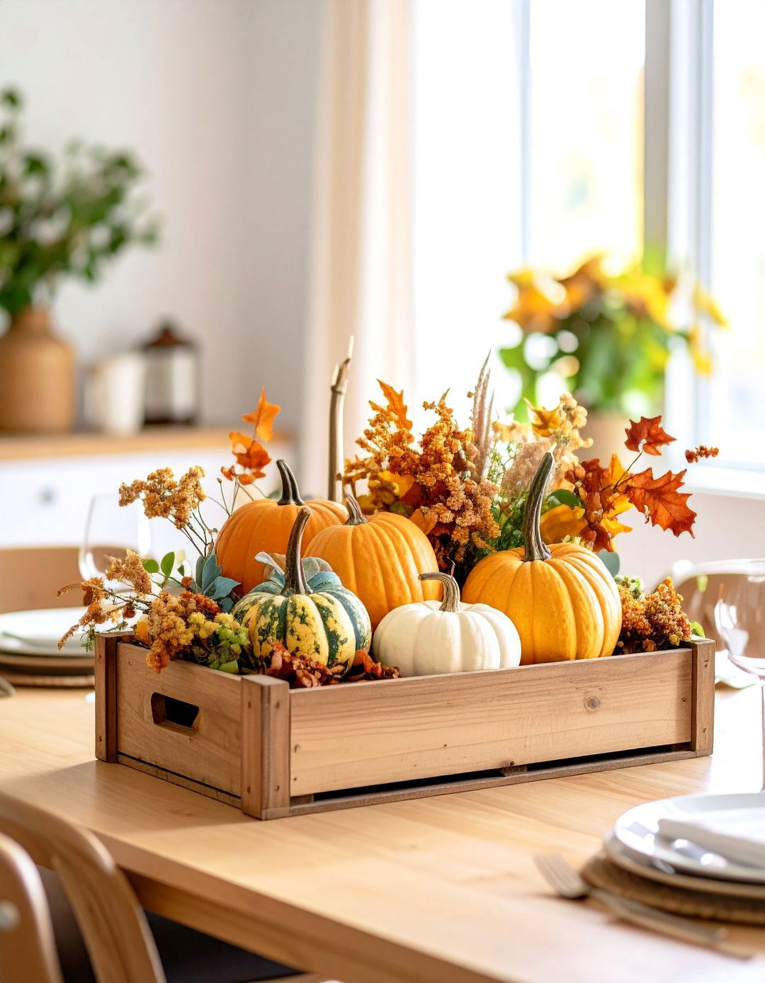 Wooden Crate with Fall Foliage - 20 Thanksgiving Centerpiece Ideas