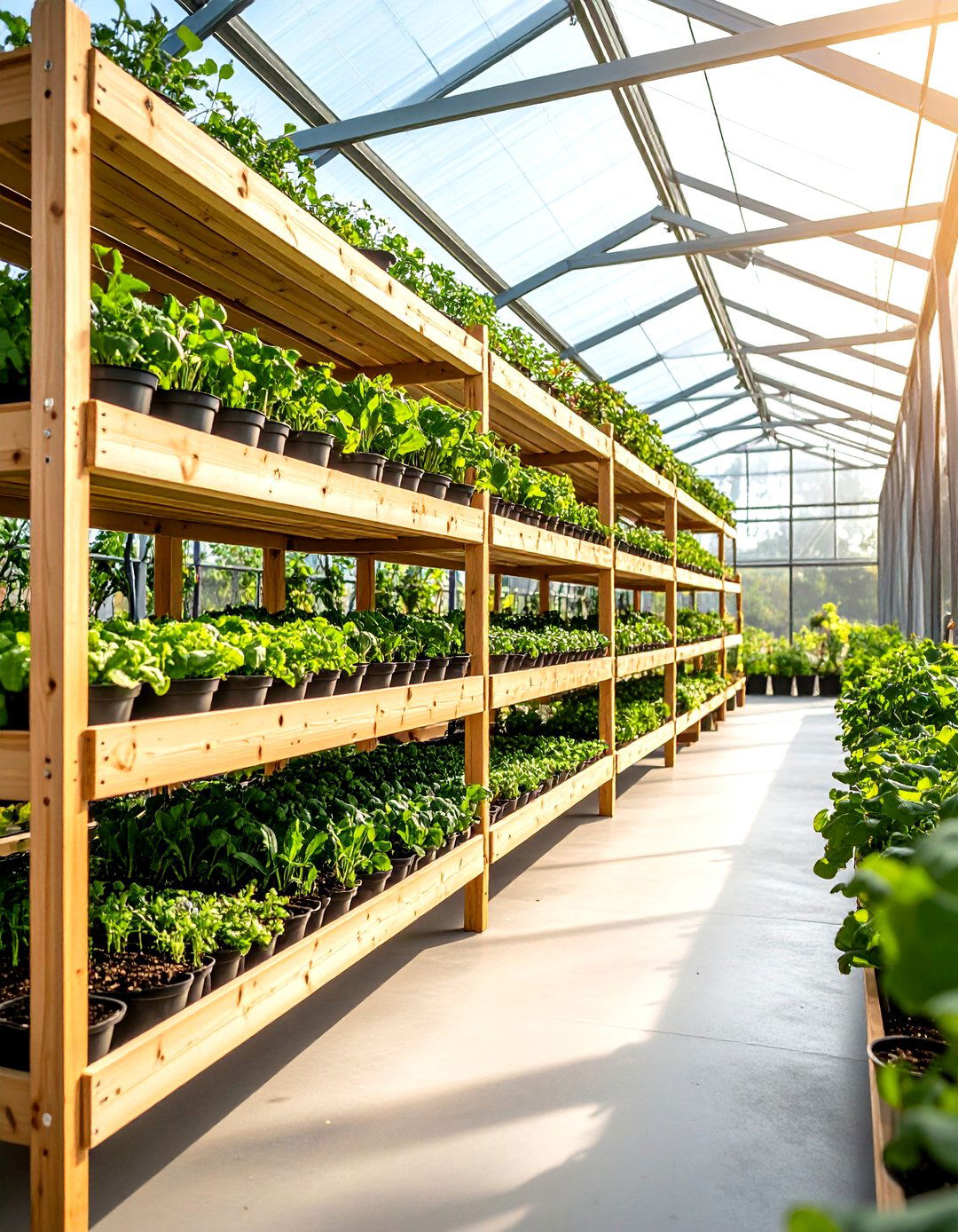 Wooden Slatted Greenhouse Shelving for Natural Airflow - 20 Greenhouse Shelving Ideas