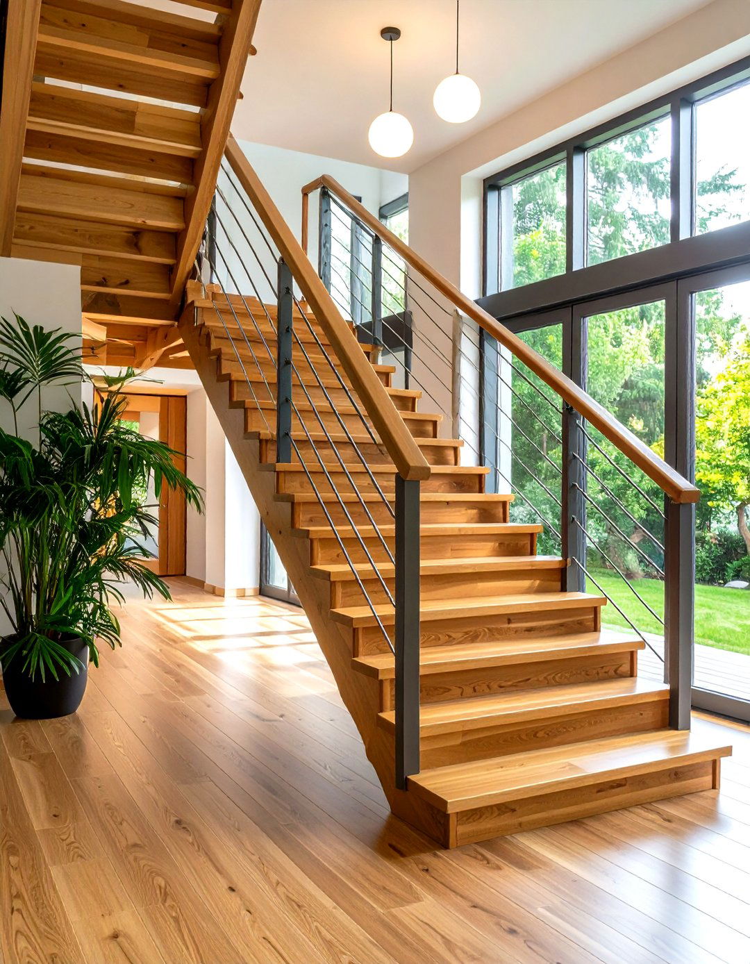 Wooden Staircase with Mixed Material Handrail Systems - 20 Wooden Staircase Ideas