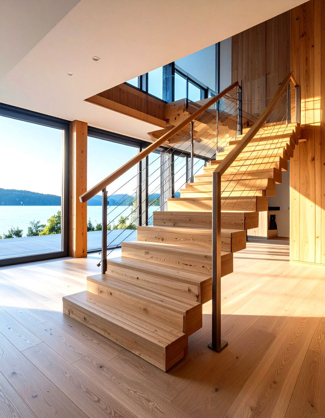 Wooden Staircase with Wire Cable Safety Railings - 20 Wooden Staircase Ideas