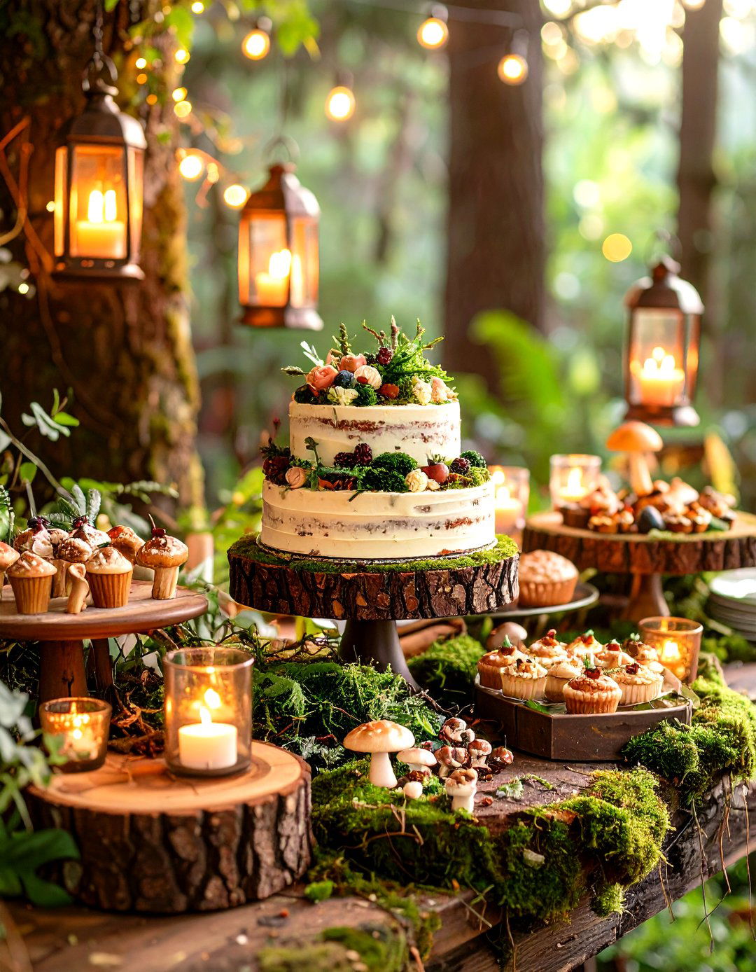 Woodland Dessert Table with Moss Covered Cake - 20 Fairytale Wedding Ideas