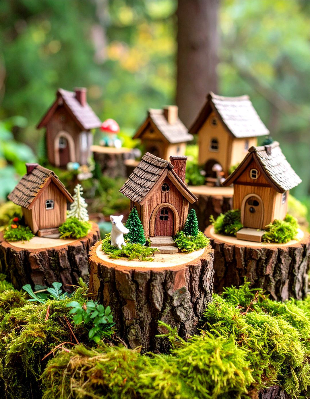 Woodland Theme Tree Stump Fairy Village - 20 Tree Stump Fairy Garden Ideas