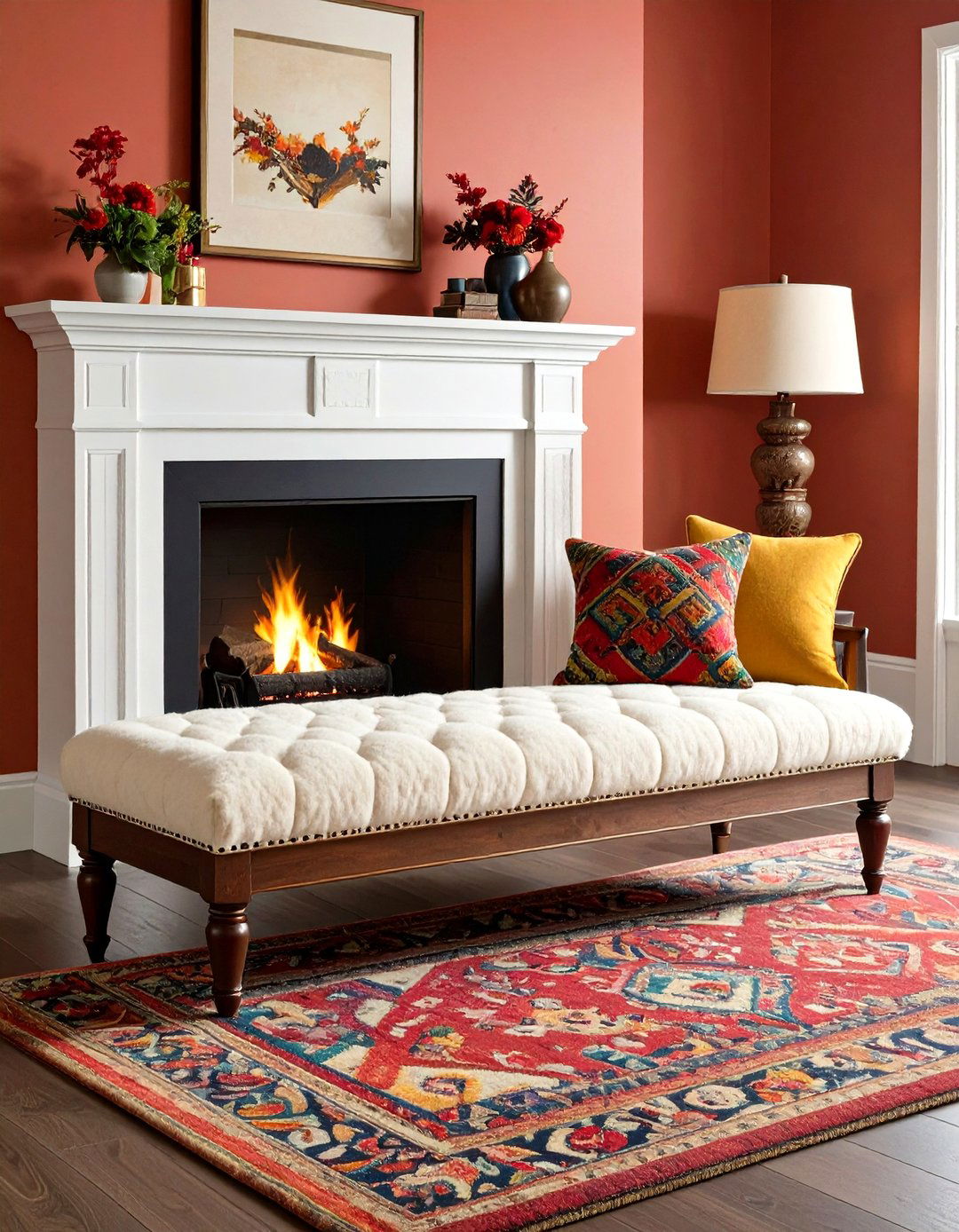 Wool Covered Fireplace Bench for Cozy Texture - 20 Fireplace Bench Ideas
