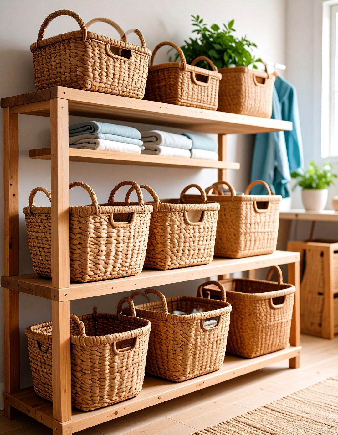 Woven Basket Storage Brings Organic Warmth - 20 Boho Laundry Room Ideas
