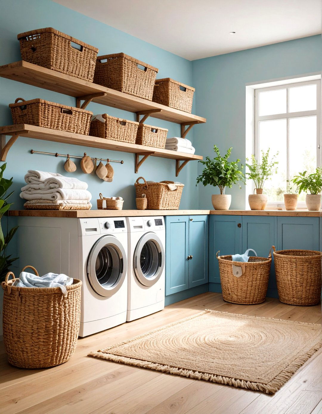 Woven Baskets and Natural Storage Solutions in Rustic Laundry Room - 20 Rustic Laundry Room Ideas