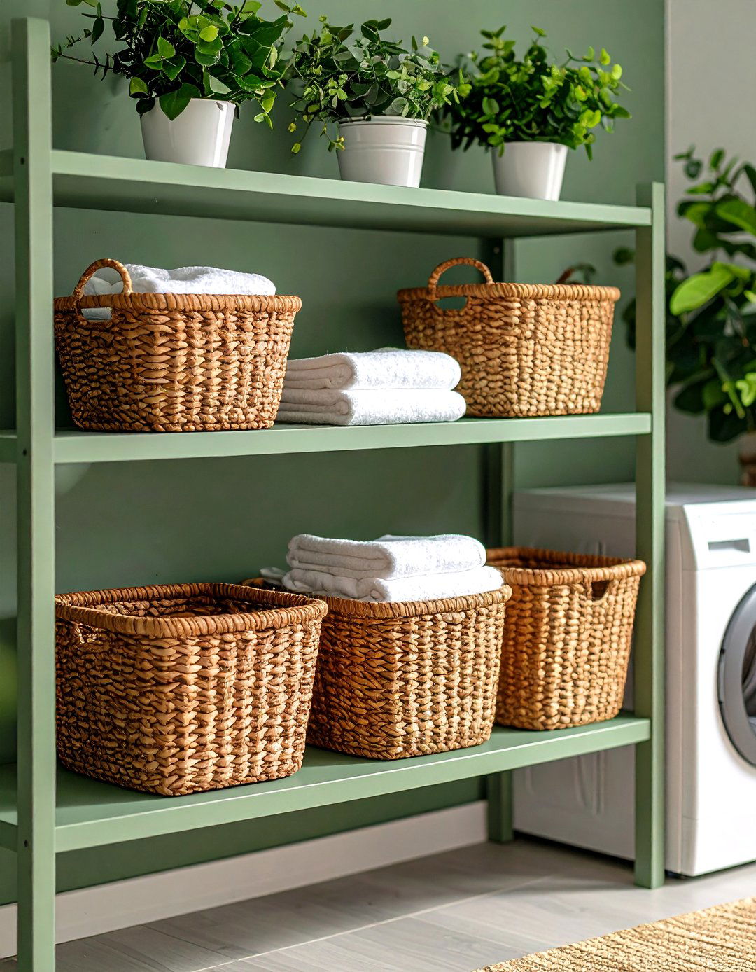 Woven Laundry Baskets - 20 Sage Green Laundry Room Ideas