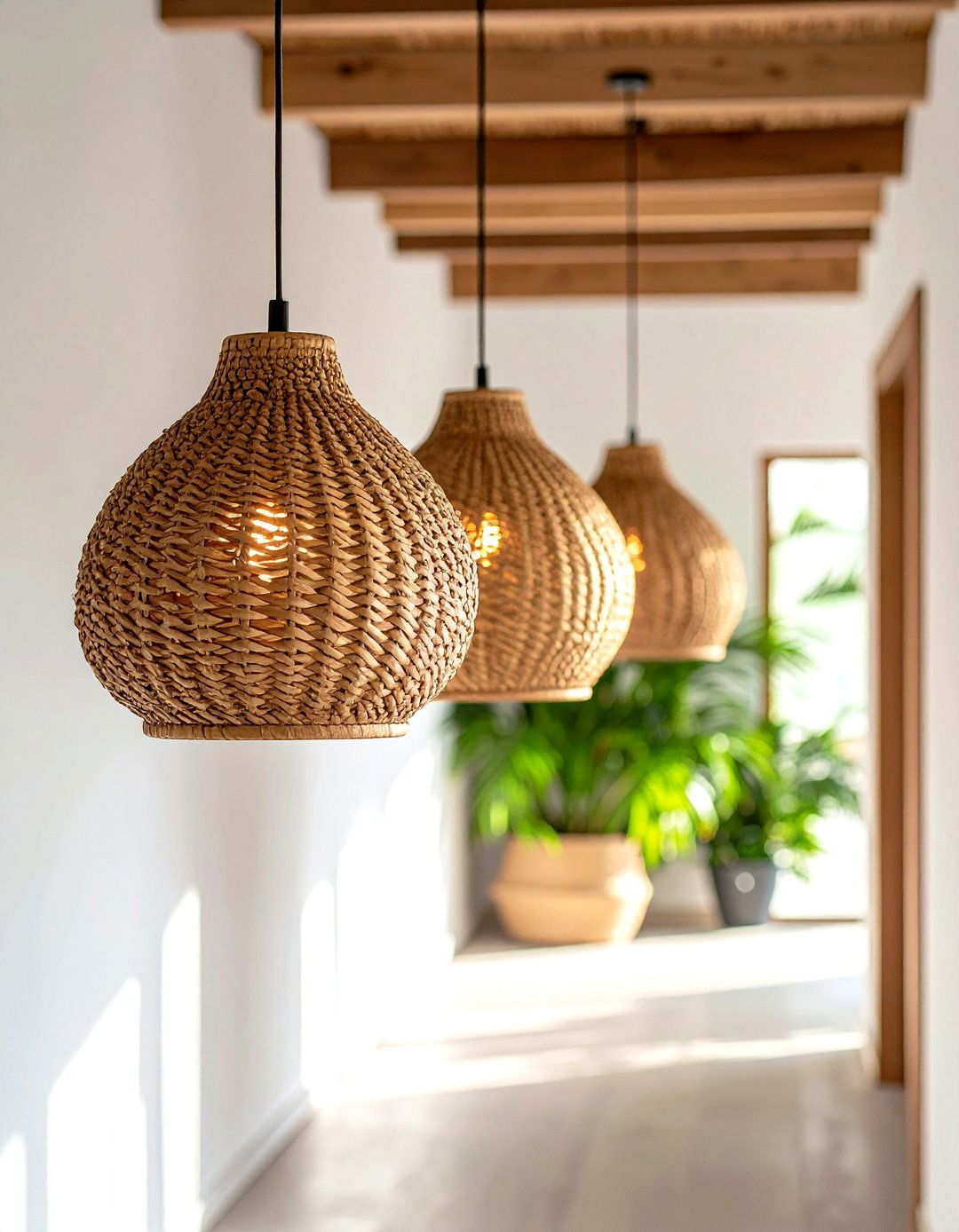 Woven Pendant Lighting Row - 20 Boho Hallway Ideas