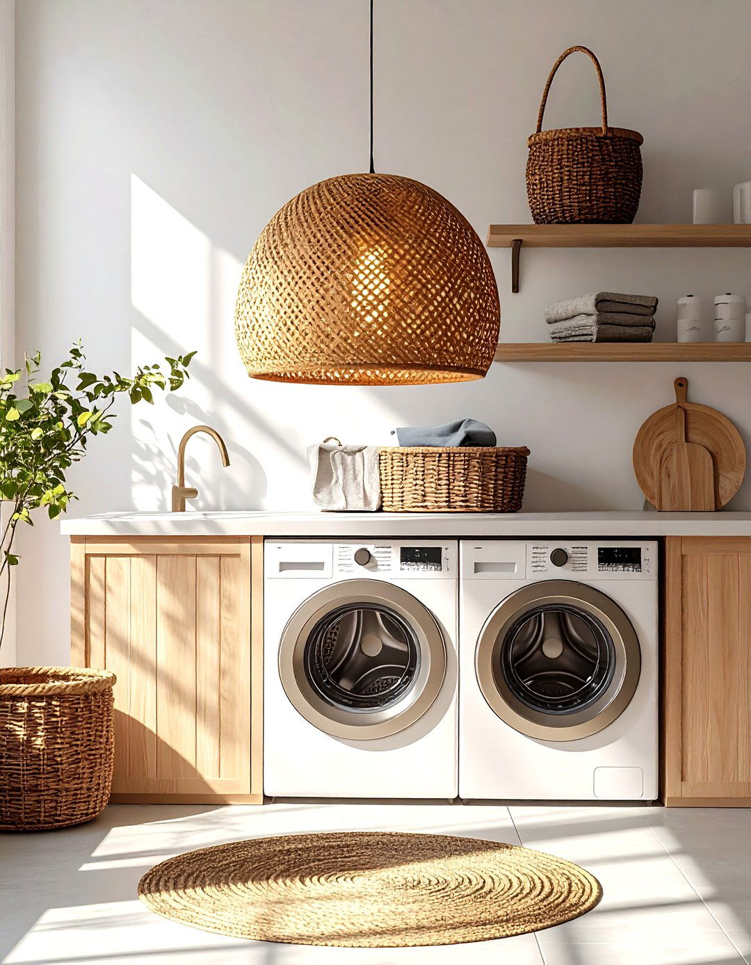 Woven Pendant Lighting Sets a Relaxed Mood - 20 Boho Laundry Room Ideas