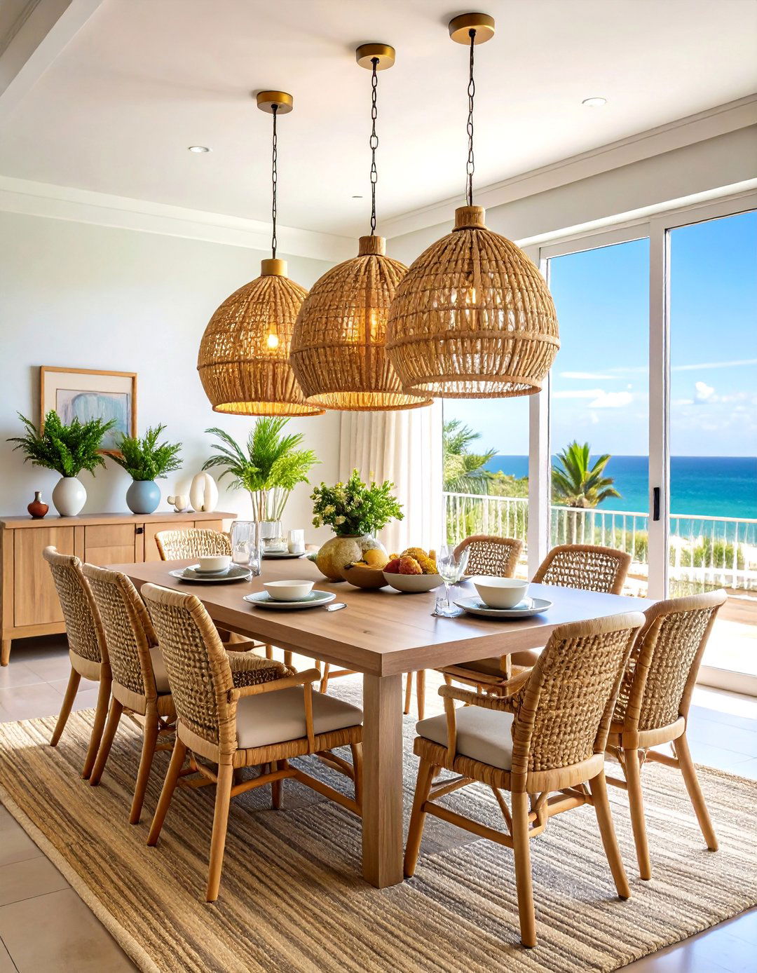 Woven Rattan Coastal Dining Room Chandelier - 20 Coastal Dining Room Ideas