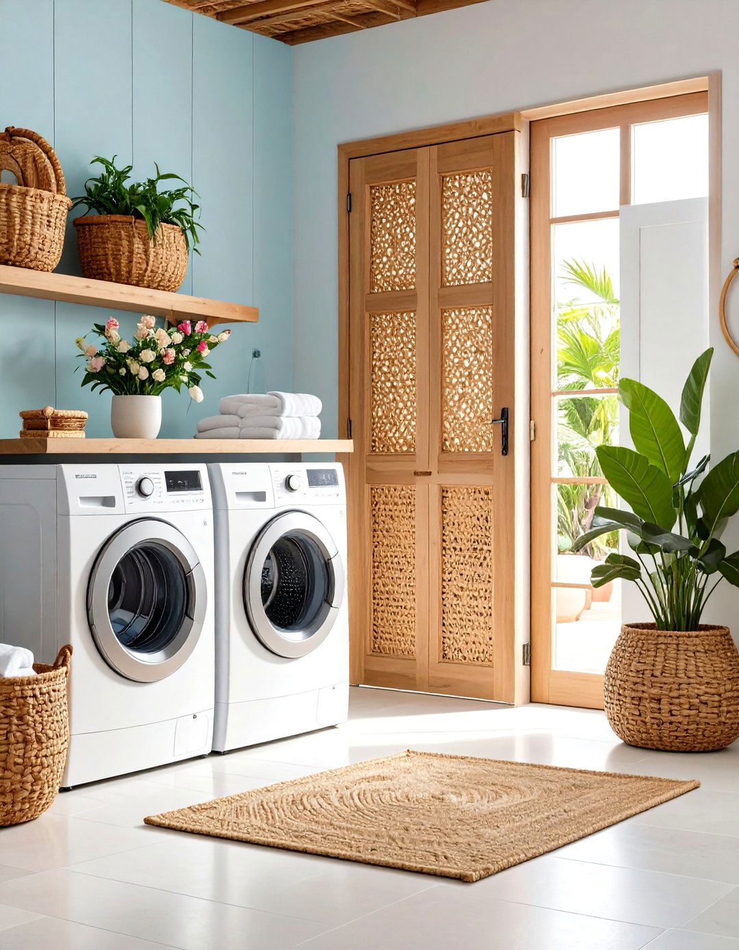 Woven Rattan Panel Laundry Room Door with Natural Wood Frame - 20 Laundry Room Door Ideas