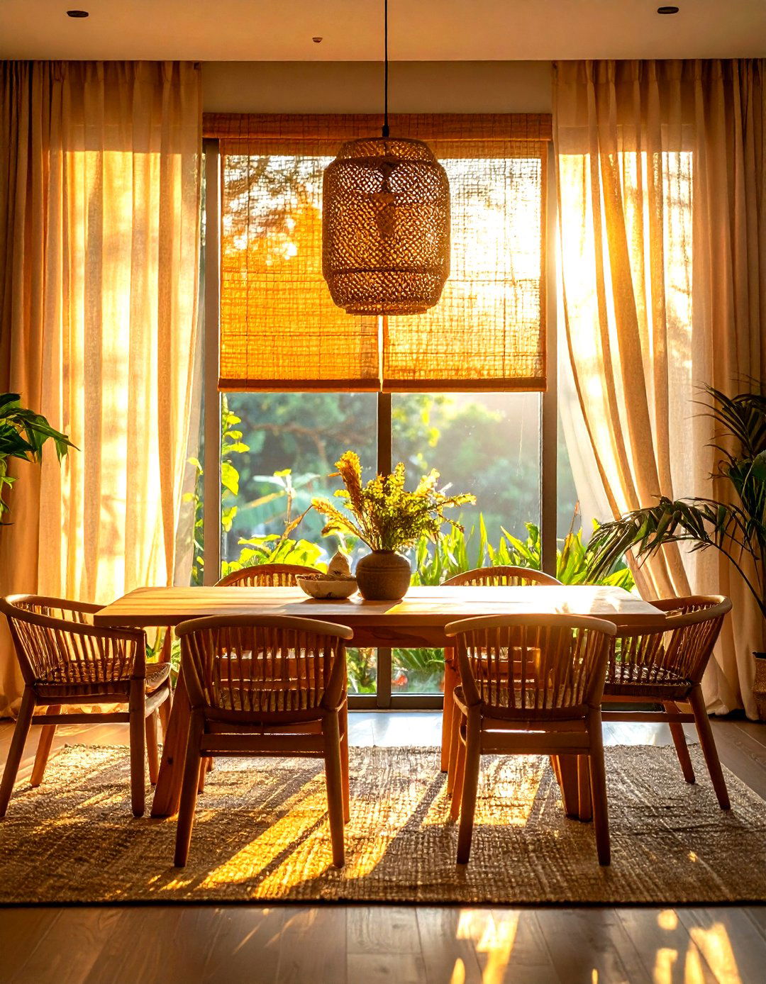 Woven Window Treatments Diffuse Golden Light - 20 Boho Dining Room Ideas