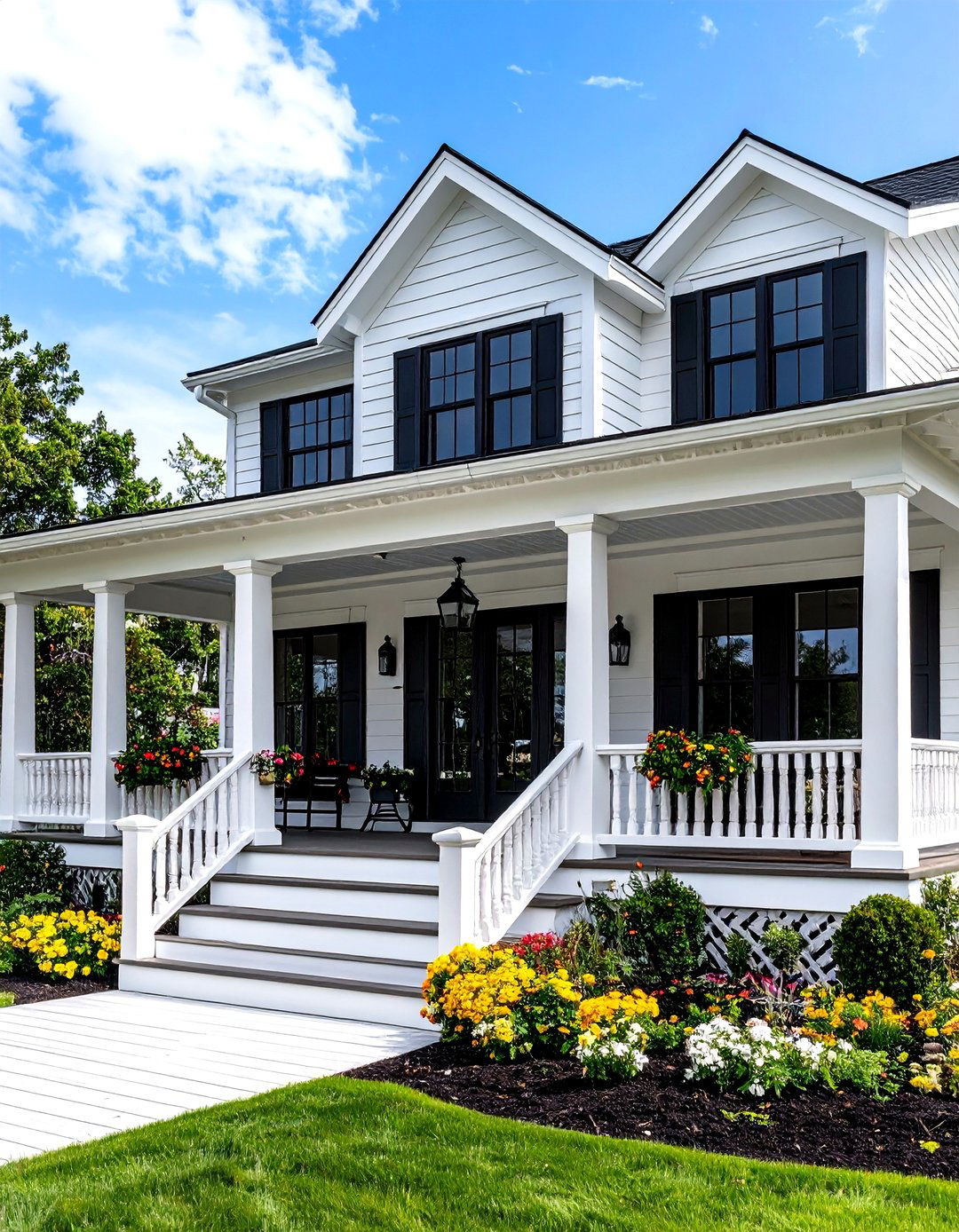 Wrap Around Porch White Farmhouse With Black Windows Design - 20 White Farmhouse With Black Windows Ideas