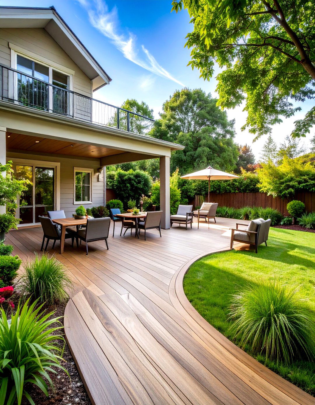 Wraparound Composite Deck Flowing into Curved Concrete Patio - 20 Deck and Patio Combination Ideas