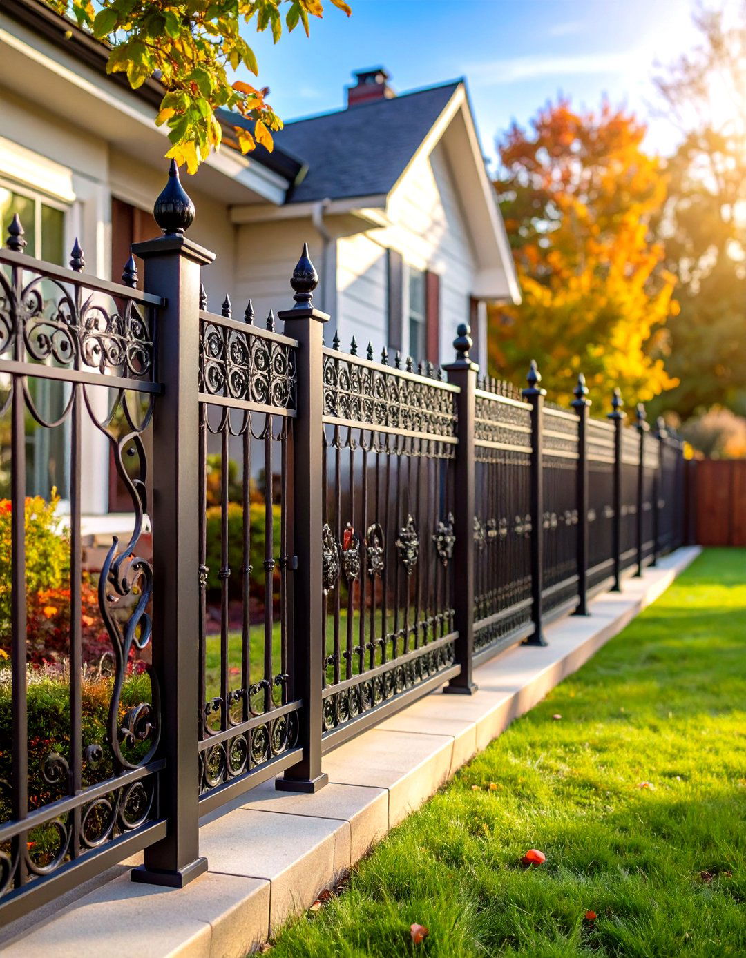 Wrought Iron Corner Fence with Ornamental Details - 20 Corner Fence Ideas