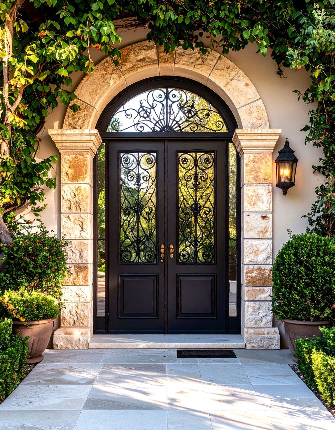 Wrought Iron Mediterranean Front Door with Clear Glass Panels - 20 Mediterranean Front Door Ideas