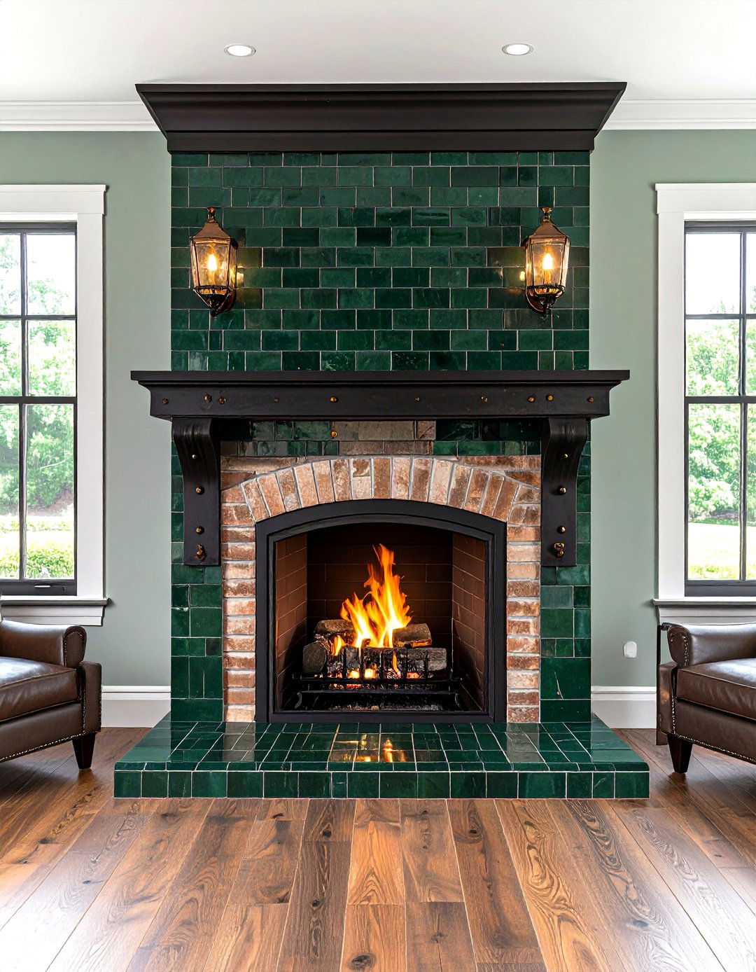 Wrought Iron Strapped Green Tile Centerpiece - 20 Craftsman-style Fireplace Ideas