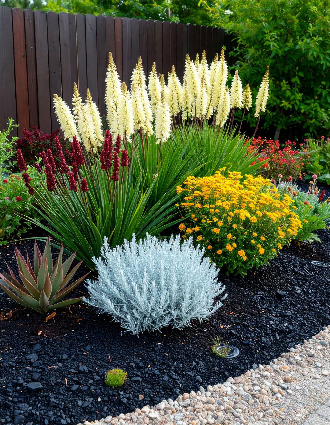 Xeriscape Bed Conserving Water with Black Mulch Blanket - 20 Black Mulch Landscaping Ideas