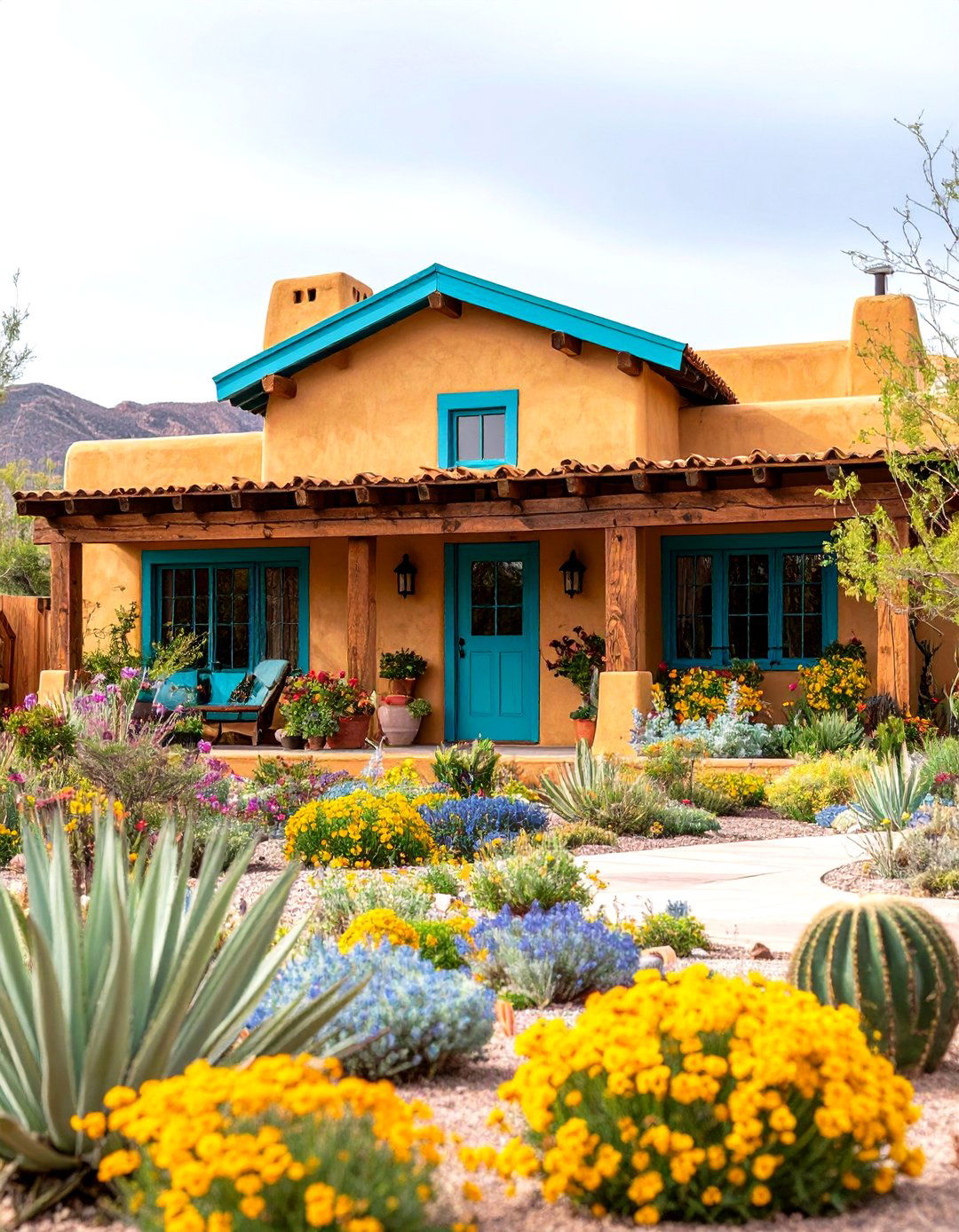 Yellow Adobe Style Home with Turquoise Trim - 20 Yellow Exterior Home Ideas